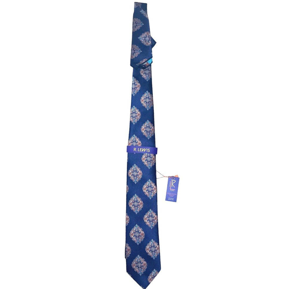 R.‎ Lewis Navy Blue Medallion Pattern Tie Career Workwear Office Professional